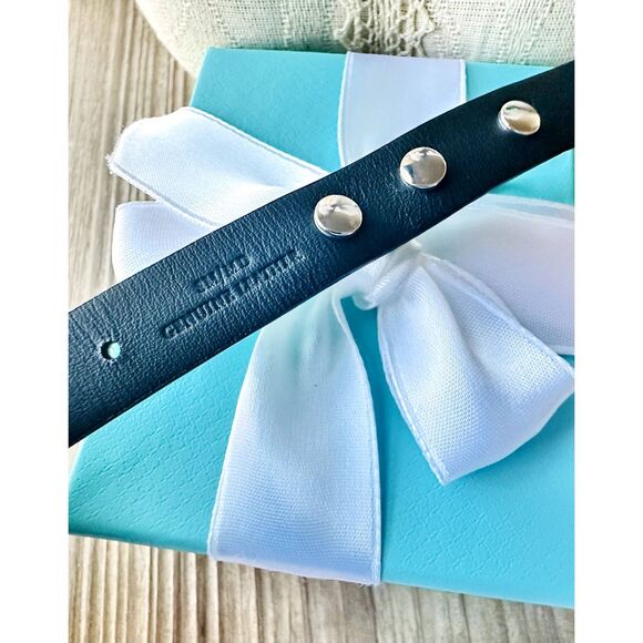 Return To Tiffany & Co Narrow T Blue Leather Bracelet, S/M, Silver